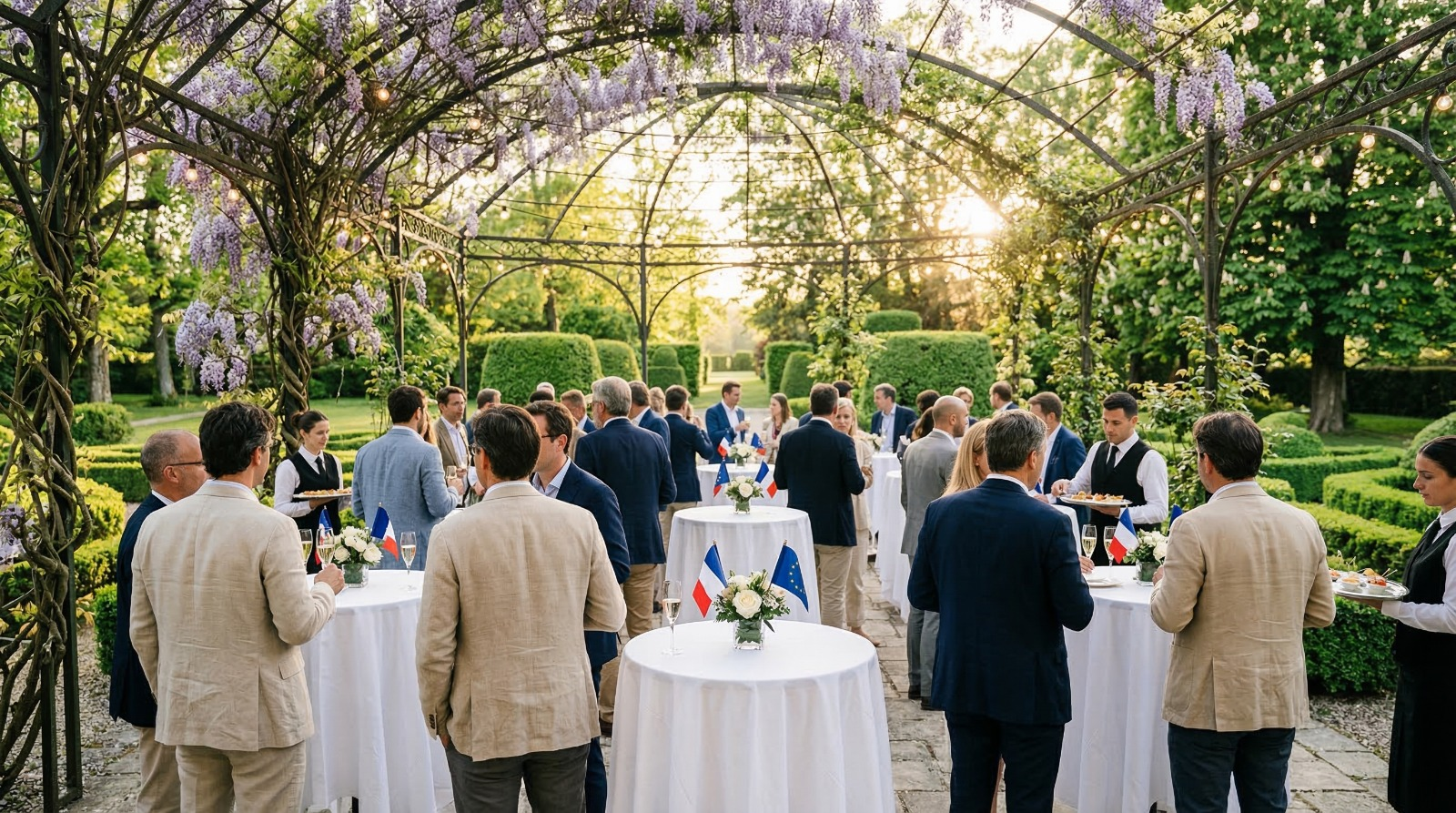 Garden party sous la pergola de glycines